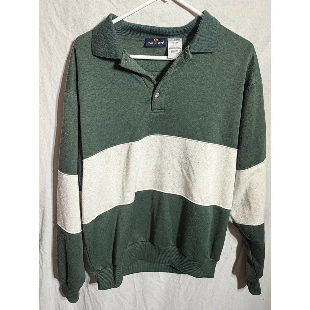 Puritan Mens Green Cream Striped Long Sleeve Polo Sweatshirt Medium P4000T-160